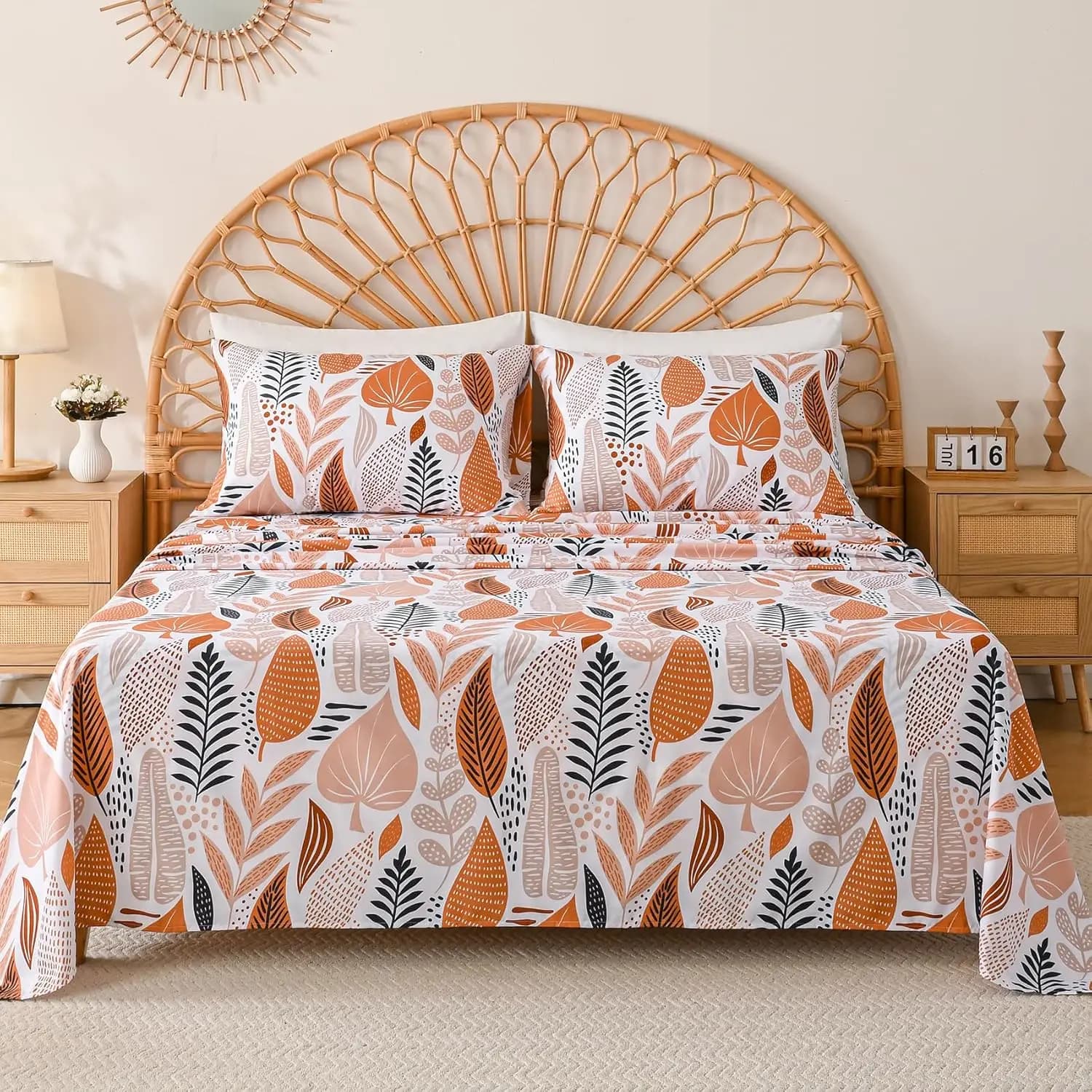 Set di Lenzuola con Stampa Foglie Boho, Motivo Botanico, Microfibra, Lenzuolo con Angoli Extra Profondi 15'', Set 4 Pezzi