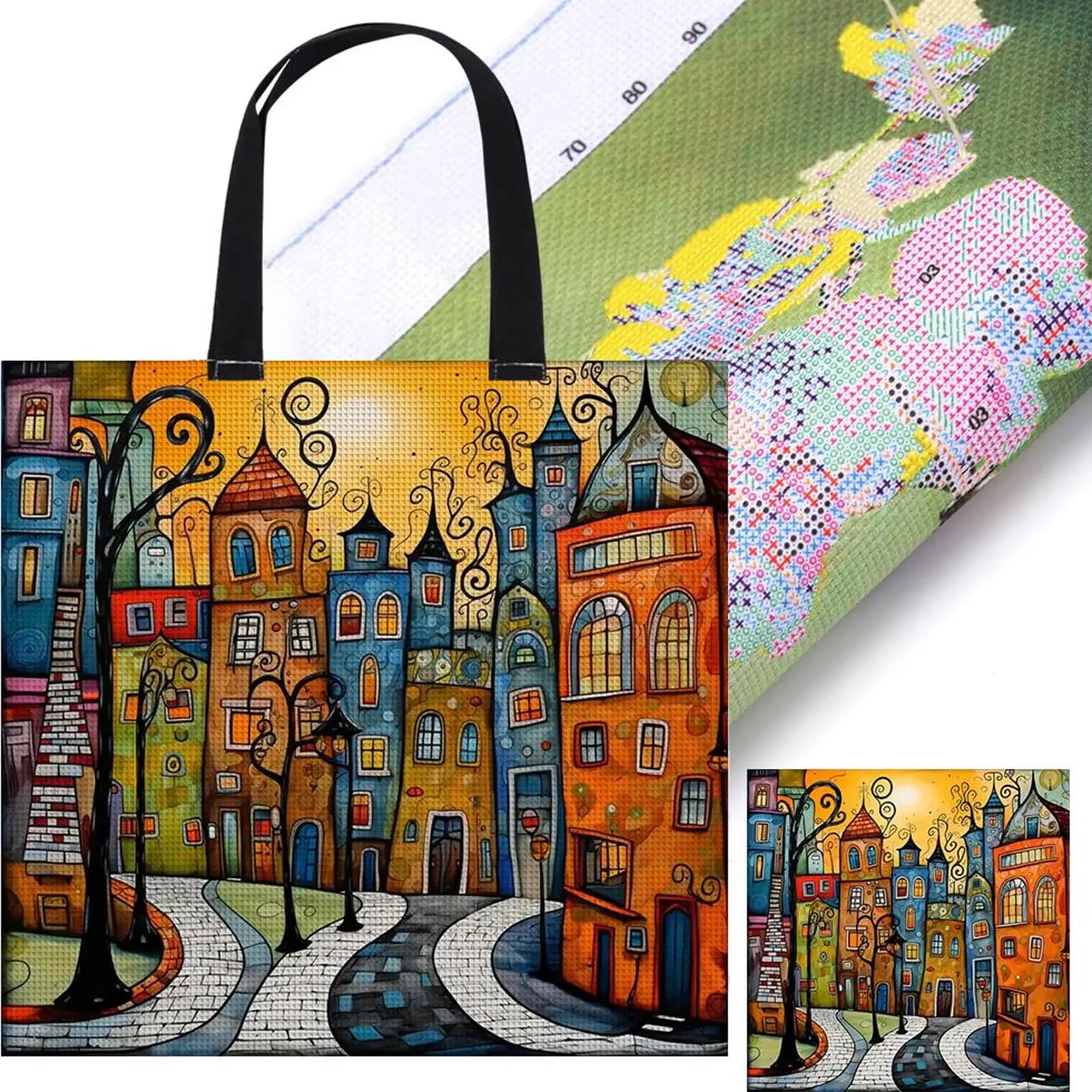 Kit Ricamo 11CT Edifici Colorati, Borsa Personalizzata Fai da Te, Progetto di Cucito, Borsa a Mano con Punto Croce, Regalo per Amici