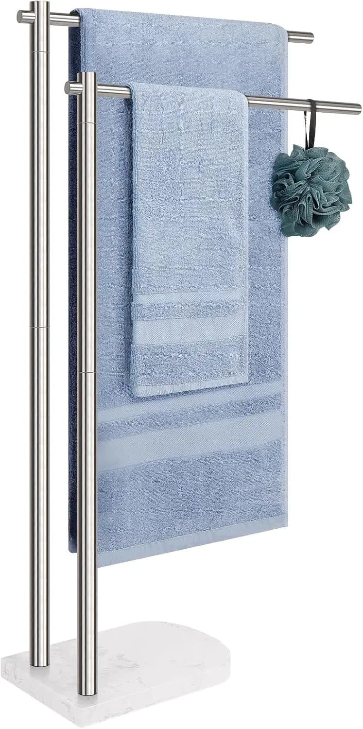 Portasciugamani Moderno a 2 Livelli in Acciaio Inossidabile con Base in Marmo, Barra Doccia Alta per Accessori Bagno in Nichel Spazzolato