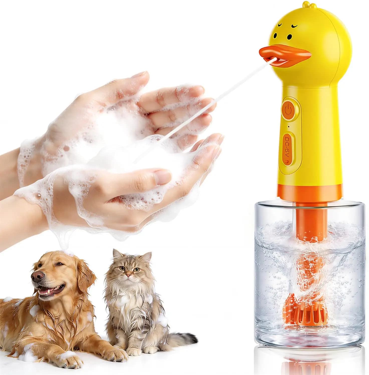 Spruzzatore Elettrico a Forma di Anatra con Dispenser Automatico di Sapone, Shampoo Ricaricabile per Cani per Bagno e Pulizia, 10.08x3.27x3.27 pollici