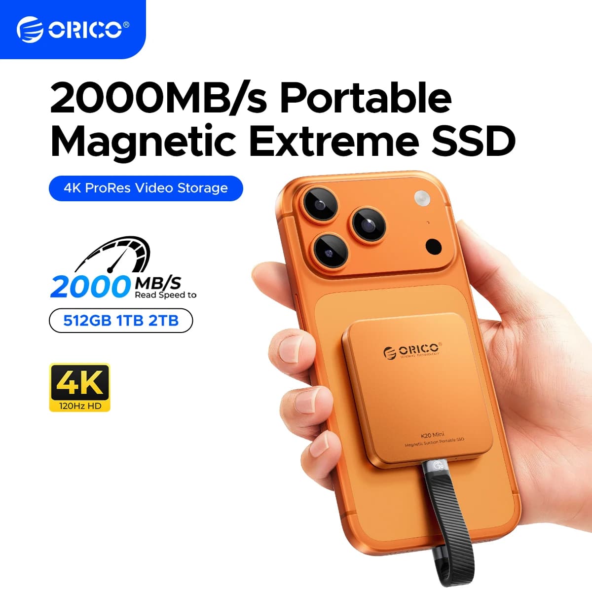 ORICO SSD esterno magnetico da 2 TB, lega di alluminio, fino a 2000 MB/s, registrazione e archiviazione ProRes HDR 4K 120Hz, SSD esterno per iPhone