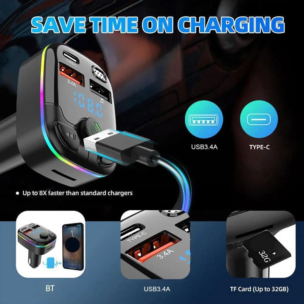 Bluetooth 5.0 Car FM Transmitter PD Type-C Dual USB Ambient Player MP3 Charger Type-C Wireless Light 18W Handsfree PD QC3.0