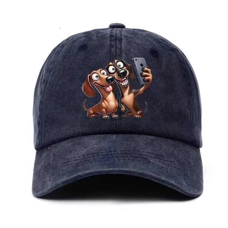 Cappellino da Baseball con Cartone Animato Bassotto in Selfie, in Cotone Lavato, Regolabile, per Amanti dei Cani, Stile Casual Snapback