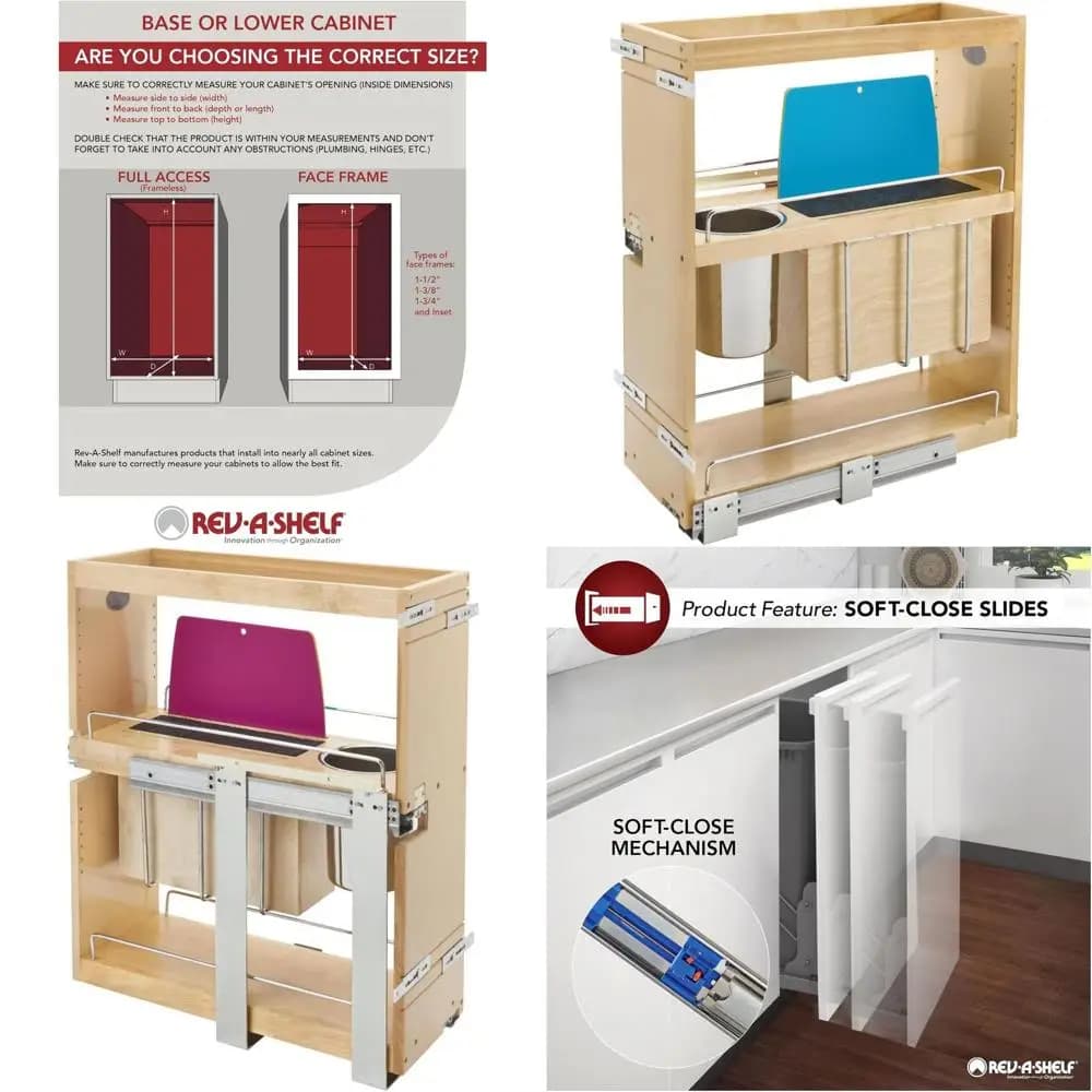 449KB-BCSC-8C Organizzatore Estraibile per Base Cucina Wood Classics Sot Close 9-1/4"W con Blocco a Ginocchio e Tappetini da Taglio - Acero
