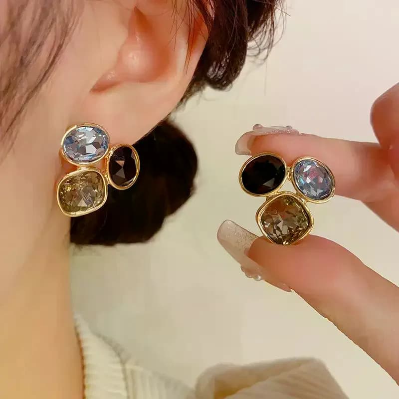 Square Oval Rhinestone Geometric Stud Earrings For Women Medieval Vintage Light Luxury Simple Jewelry