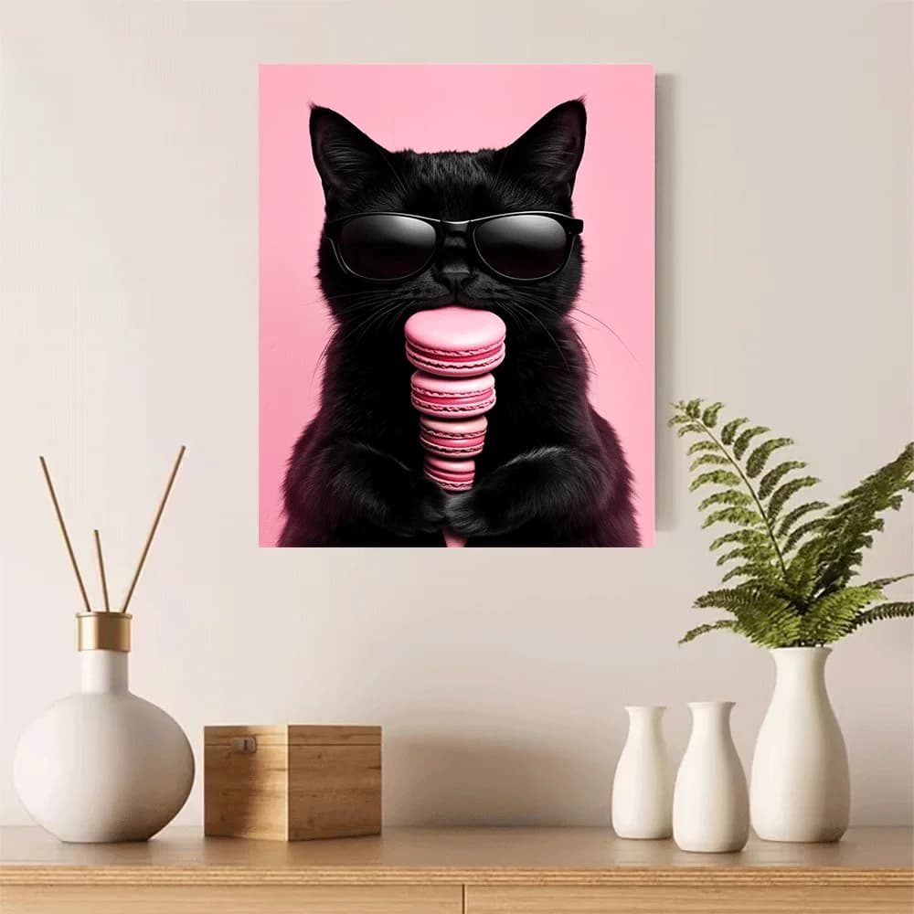 1PC-Poster su tela senza cornice, gatto nero con occhiali da sole che tiene macarons rosa, stampa artistica estiva