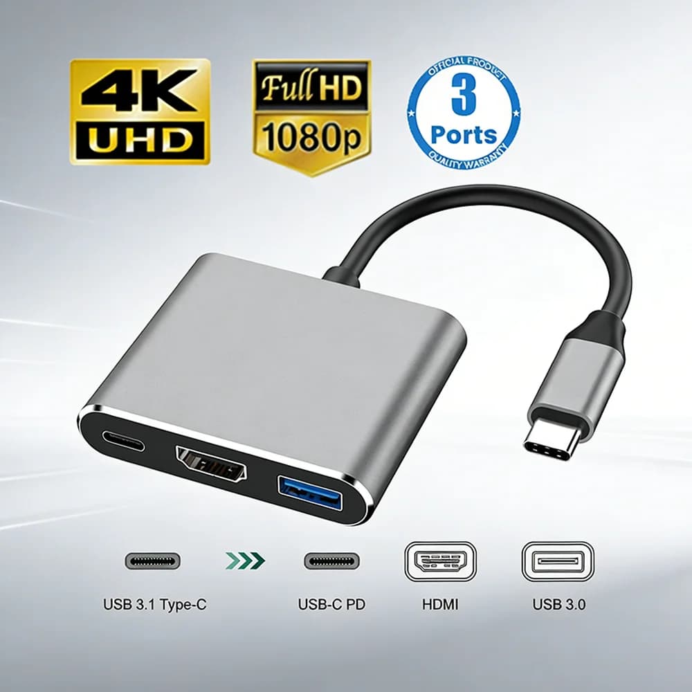 USB-C 3 in 1 male to female hub, compatible with HDMI 4K, USB 3.1 Type-C to USB 3.0, charging adapter for MacBook Air.
