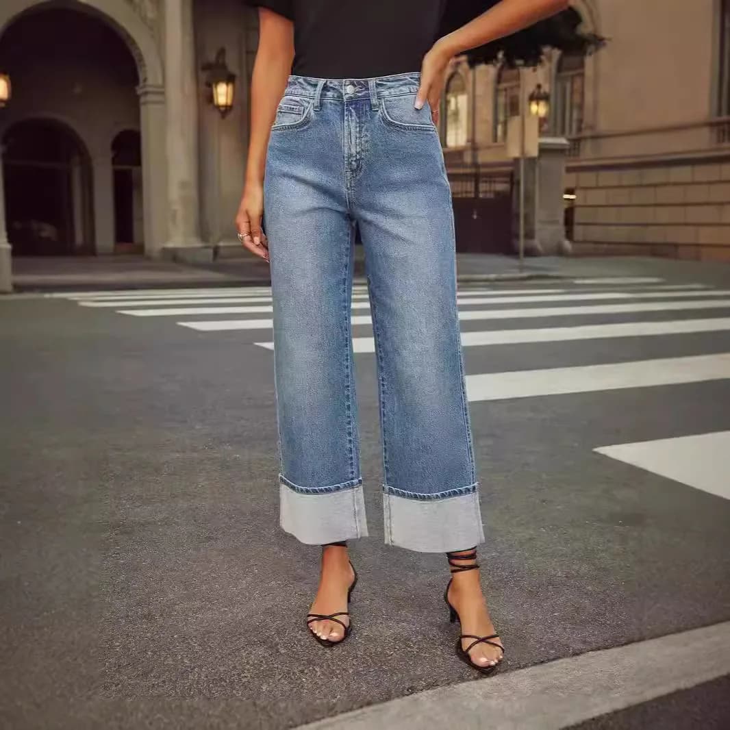 Jeans a nove quarti con orlo riccio allentato Fashion Street, Jeans a gamba dritta comodi e Casual da donna autunno e inverno Y2k
