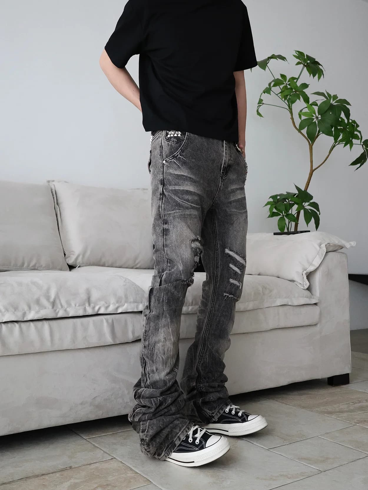 Cleanfit American Style Long Curved Knife Destroy Slim Fit Jeans Men's mid Waist Zipper Casual Summer Denim Pants