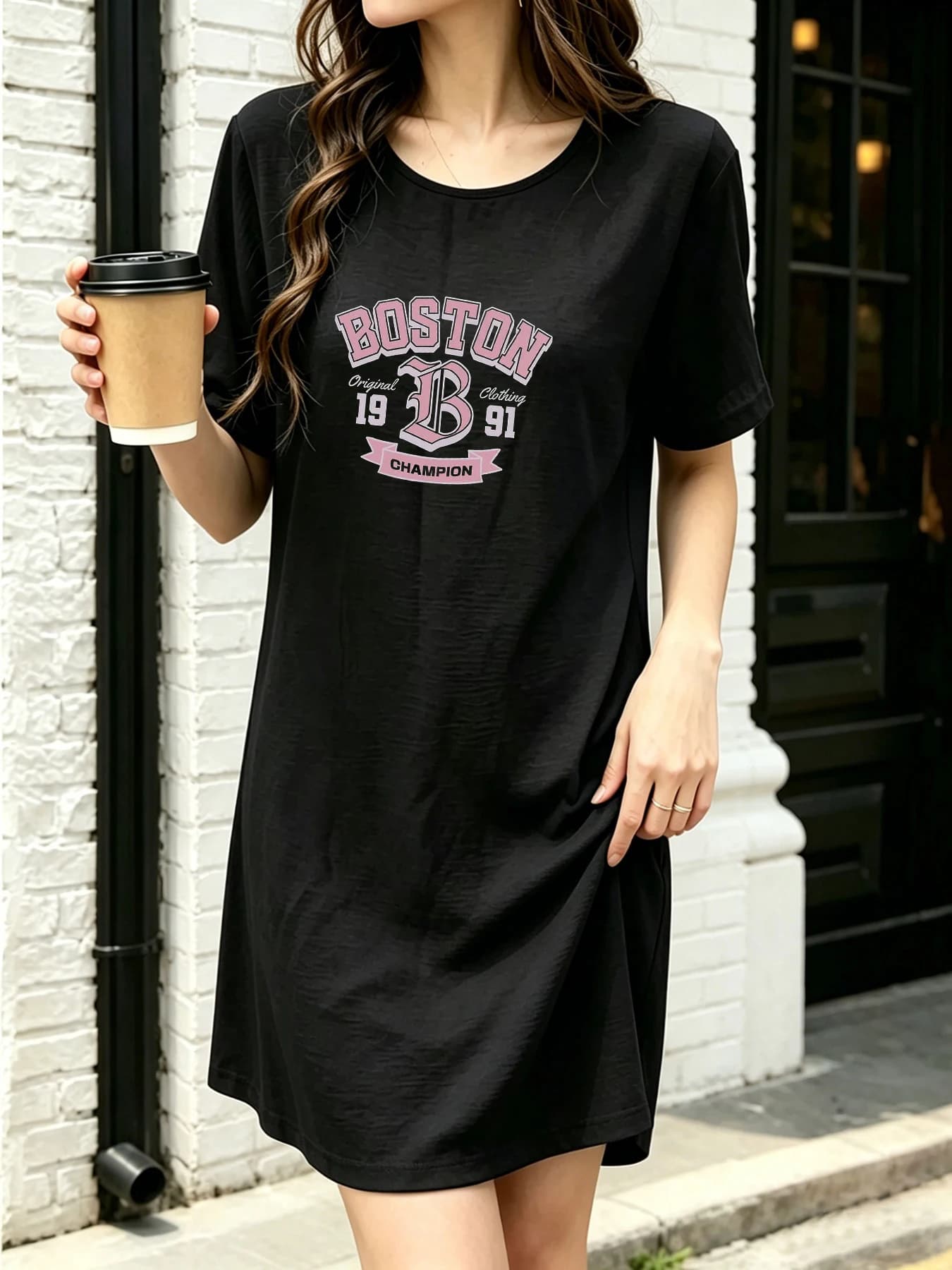 Abito estivo sottile e traspirante in stile T-shirt, vestito a mezza lunghezza con stampa Boston in stile americano, snellente e versatile
