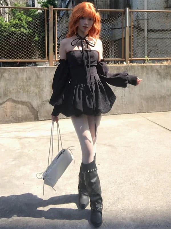 Abito Elegante con Spalle Scoperte e Gonna a Balze, Tinta Unita, Vita Alta, Design Snellente, Gonna Corta Estiva Sexy da Donna per il Commuting Urbano