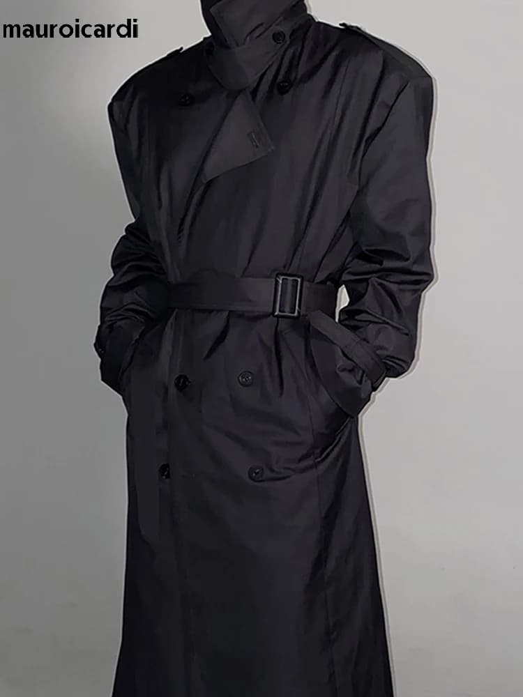 Mauroicardi primavera autunno Cool lungo nero Trench oversize cintura da uomo doppio petto sciolto Casual capispalla antivento 2022