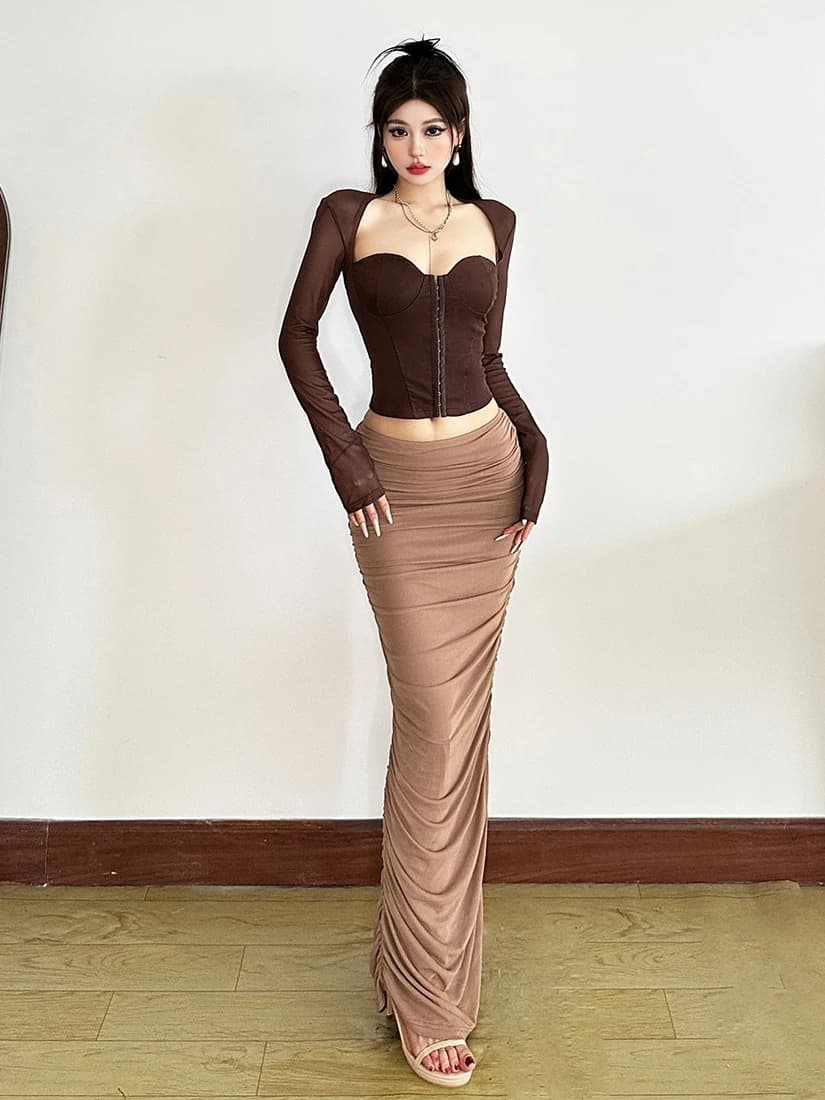 Elegant Slimming Long Sleeve T-Shirt And Half Skirt Two-Piece Set by SylCue Fashionable Business Casual Outfit for Women