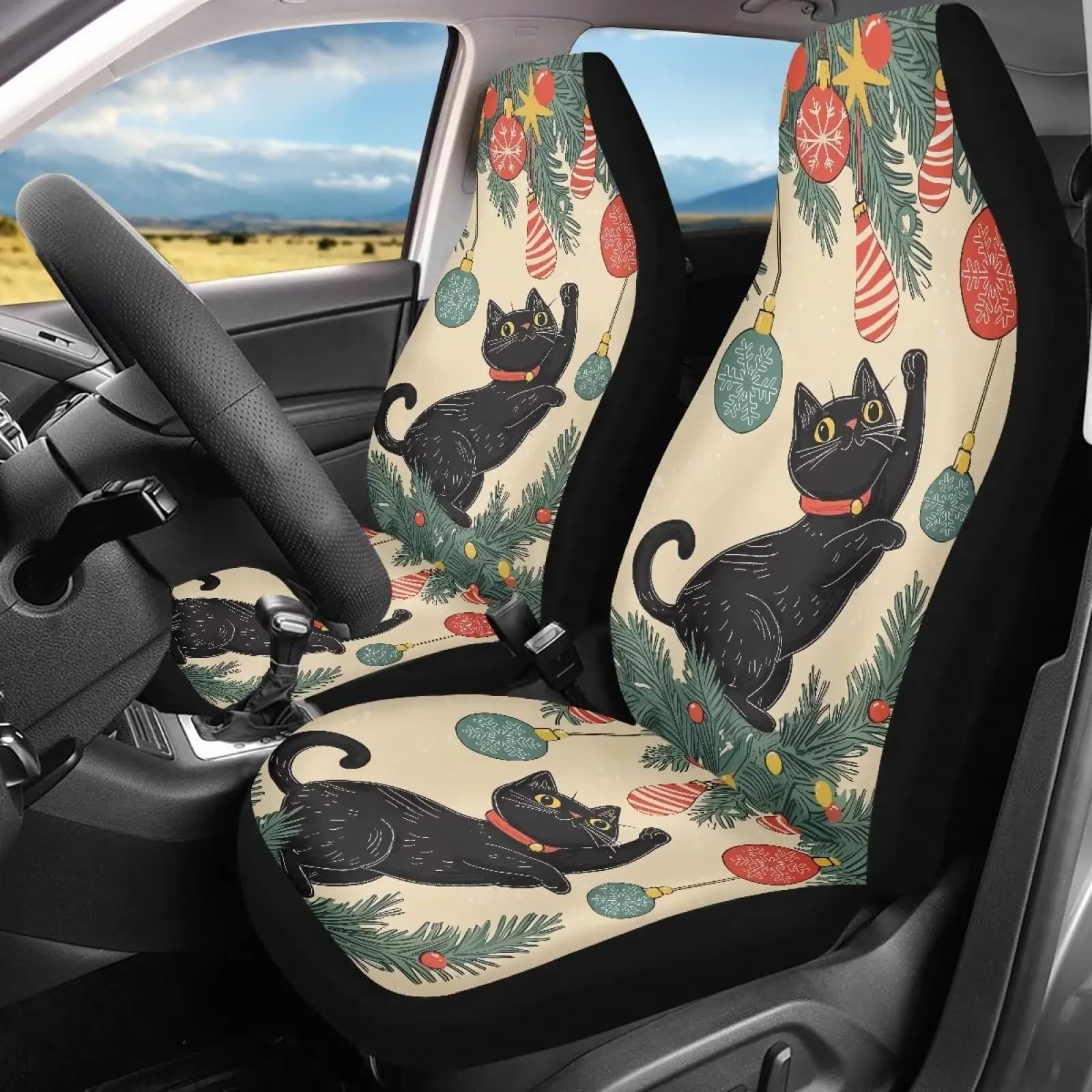 Coprisedili Auto con Stampa Gatto Nero Cartone Animato, 2 Pezzi, Protezione Universale per Sedili Anteriori, Cuscino Imbottito