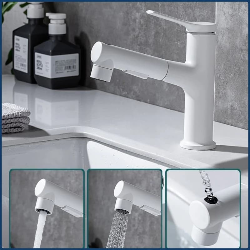 Rubinetto per lavabo in ottone caldo freddo con maniglia singola e doppio foro, spruzzatore a flusso a 3 funzioni, miscelatore per lavabo estraibile per bagno