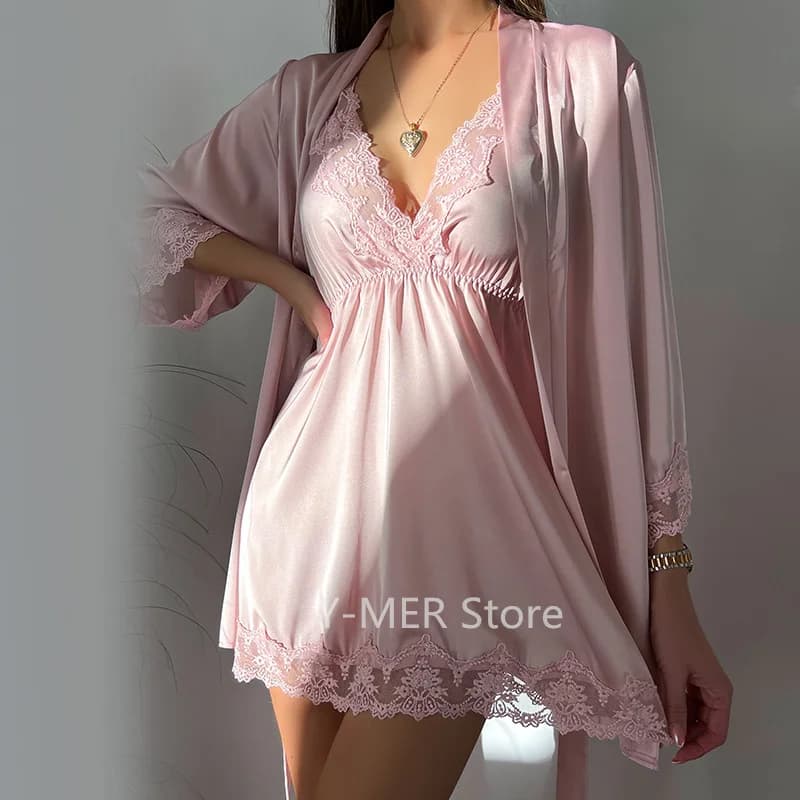 Sexy Lace Edge Kimono Bathrobe Deep Dress V Neckline Robe Set Women's Satin Homewear With Spalline Night Shirt Soft Pigiama