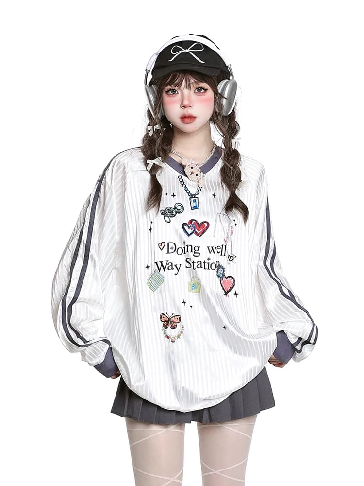 Casual American Jersey Style Women's Long Sleeve V-Neck T-Shirt Hoodie Loose Fit Autumn Wear Comfortable Design Sense Oversiz...