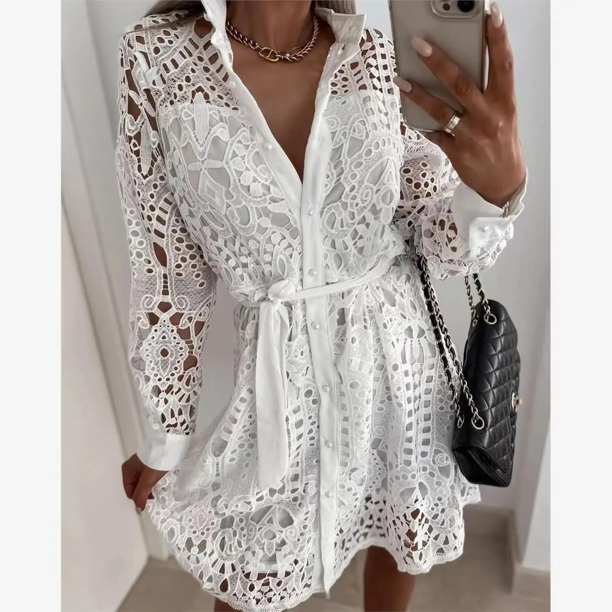 Abito Lungo Estivo da Donna alla Moda con Scollo a V e Lacci, Vita Alta, Maniche a Campana, Chiusura a Bottone Singolo, Linea ad A, Tinta Unita