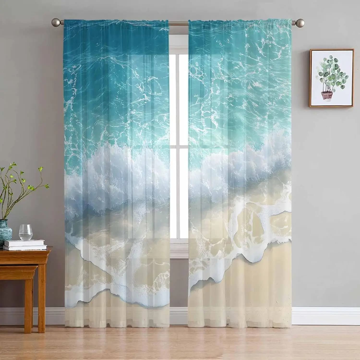 Summer Beach Sheer Curtains,Blue Ocean Waves Coastal Light Filtering Window Curtains for Living Room/Bedroom, Seaside Waves Rod