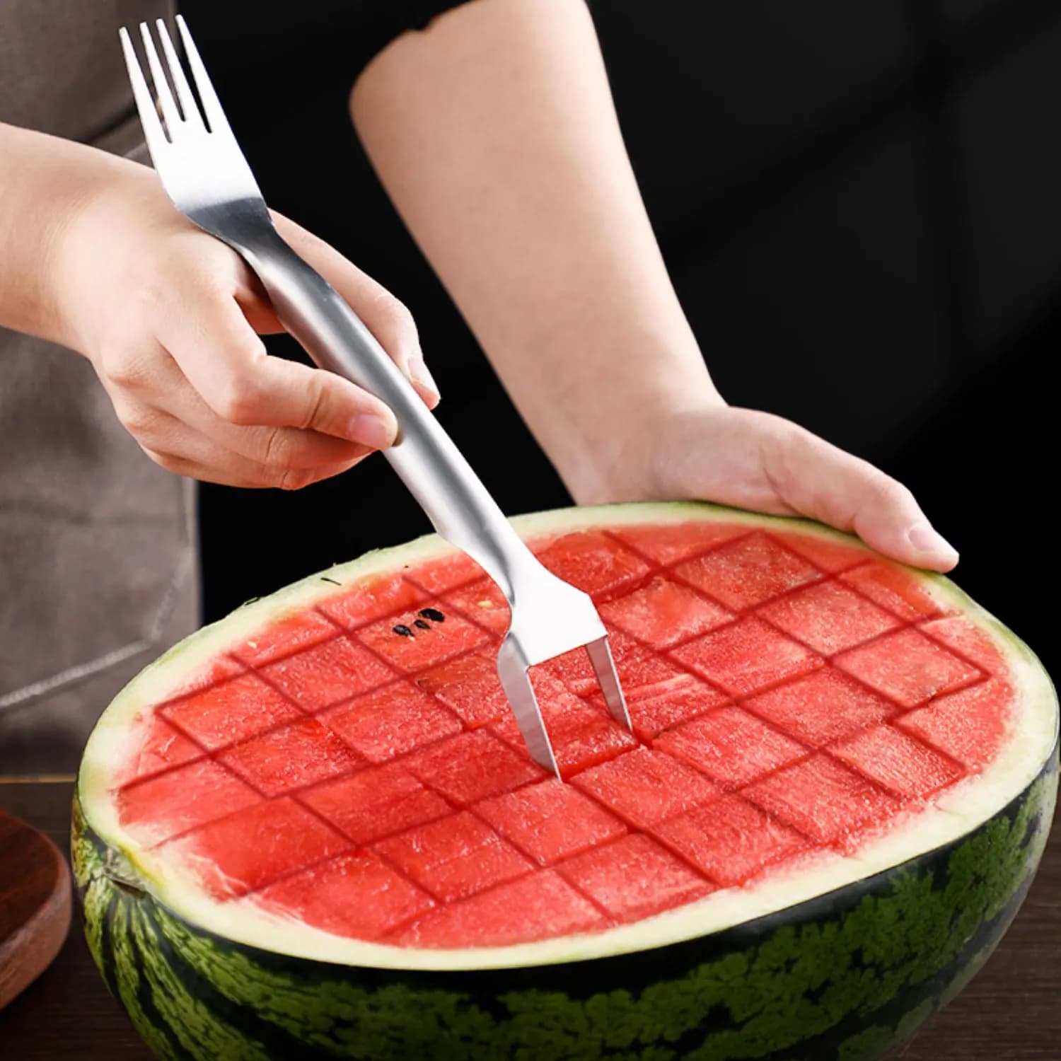 Multi-purpose Portable 2In1 Watermelon Slicer Fork Watermelon Slicer Cutter Knife Stainless Steel Kitchen Fruit Cutting Fork