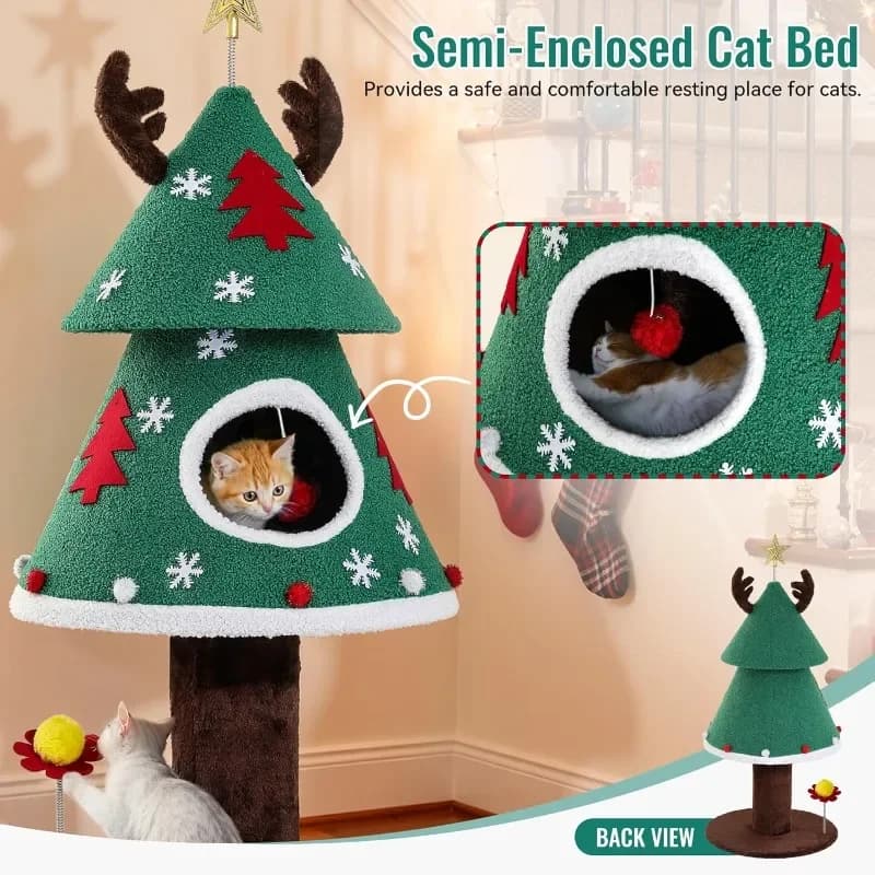 Albero di Natale per gatti da 47,2 pollici per interni, torre per gatti carina con giocattolo teaser, mobili da arrampicata per gattini per giocare e dormire