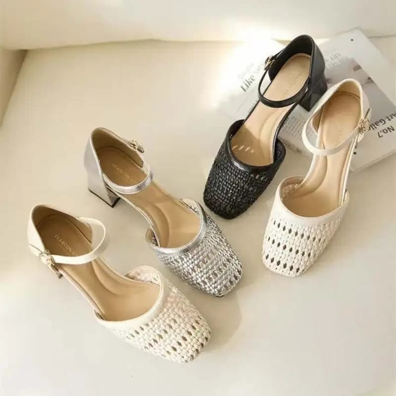Fashion Woven Hollow Chunky Root Sandals for Women Comfort Round Toe Buckle Summer Heels Elegant Office Brand Formal Shoes Pumps