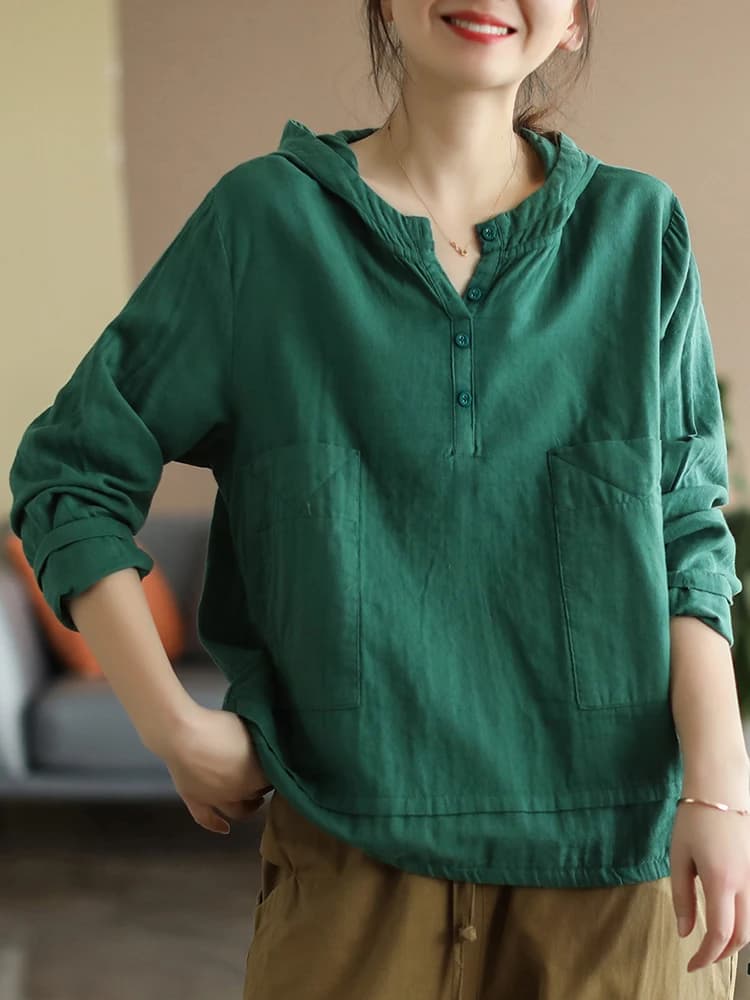 8961 t-shirt con cappuccio da donna primavera estate moda tinta unita Casual Pullover Tees Office Ladies cotone lino maglie a manica lunga
