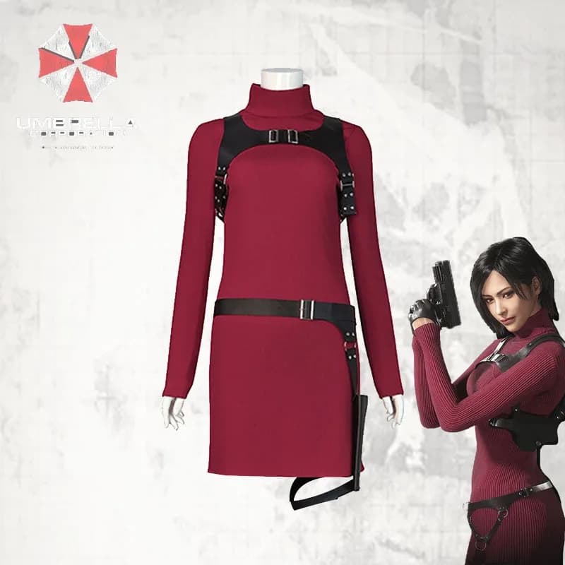 Hot Residents Evils 4 Remastered Ada Wang Cosplay Costume Red Belt Dress Complete Set of Halloween Role-playing Costumes
