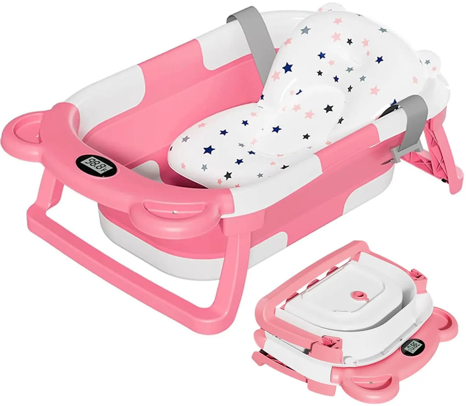 Vaschetta Pieghevole per Neonati con Cuscino Morbido e Termometro, Vasca Portatile da Viaggio per Neonati e Bambini (0-36 Mesi)