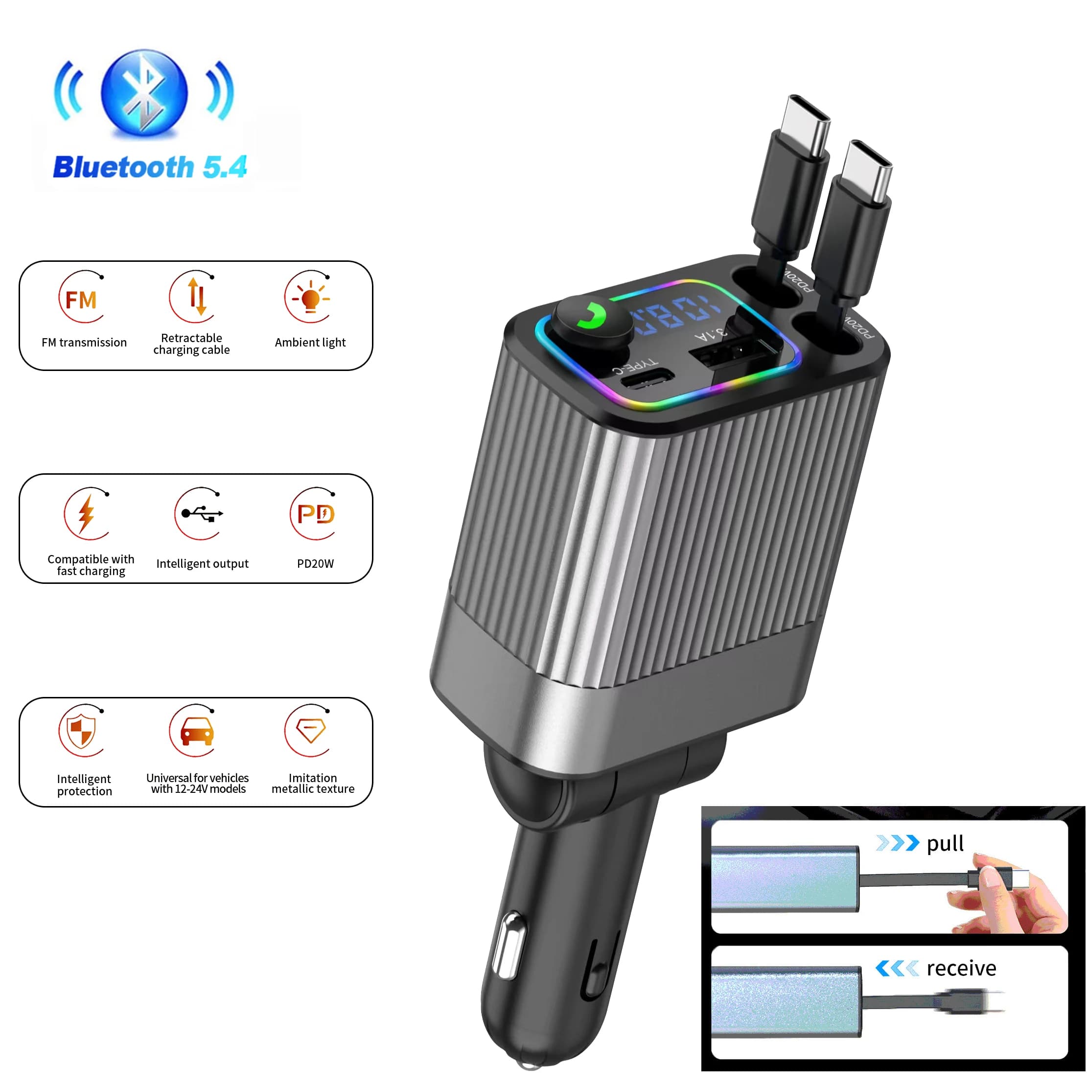 FM Transmitter Bluetooth 5.4 Retractable Car Charger 4in1 PD Type C USB Quick Charging with Retractable Cable Car Charger Adapter