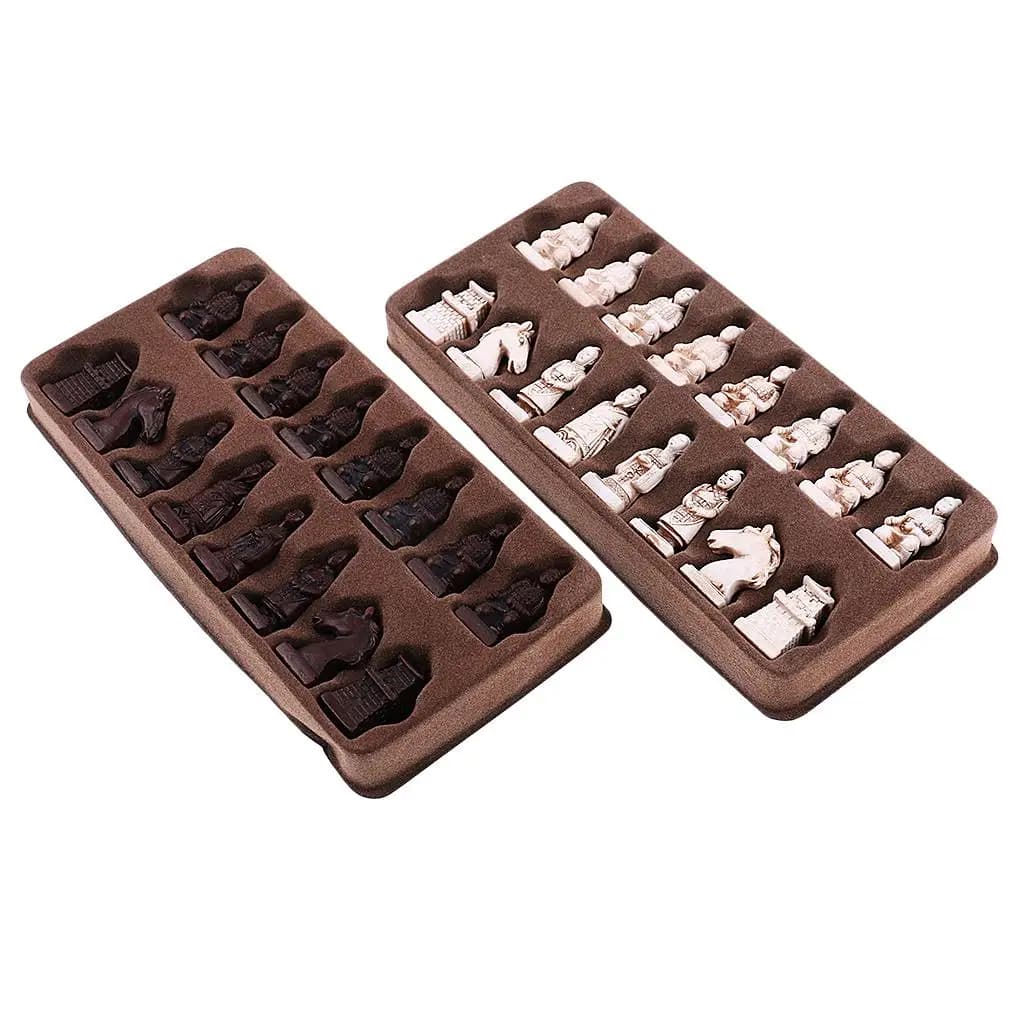 Scacchiera Pieghevole Vintage con Pezzi in Resina Stile Terracotta, Set da Collezione di Scacchi Cinesi Antichi per lo Sviluppo Intellettuale