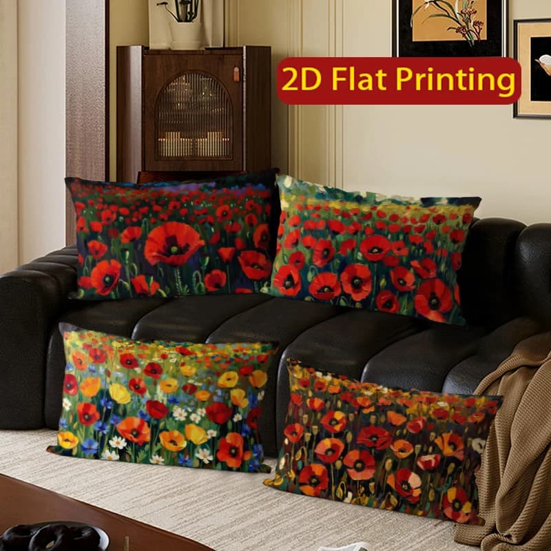 Fodere per cuscini lombari vintage Poppy Field, adatte per divano, camera da letto, auto, cuscino rettangolare per la schiena