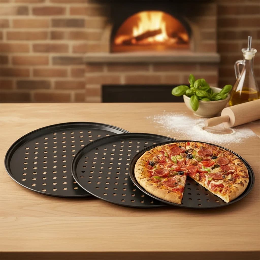 High Quality Carbon Steel Perforated Pizza Pan Set Non Stick 9/10/11/12/14 Inch Cooking Plate Round Mupti Purpose Baking Tools