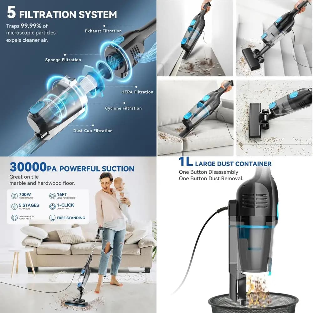 Powerful 30 Kpa wire vacuum cleaner, 16 feet long, 2 in 1 light detergent for flooring and pet hair (blue-black)