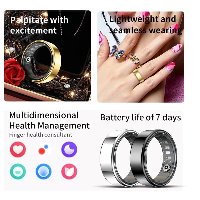 Smart Ring for Health Monitoring, Cardiac Frequency, Oxygen in Blood, Waterproof, Multifunction, Counter, Sleep Monitoring, Fitness, Men and Women Gift