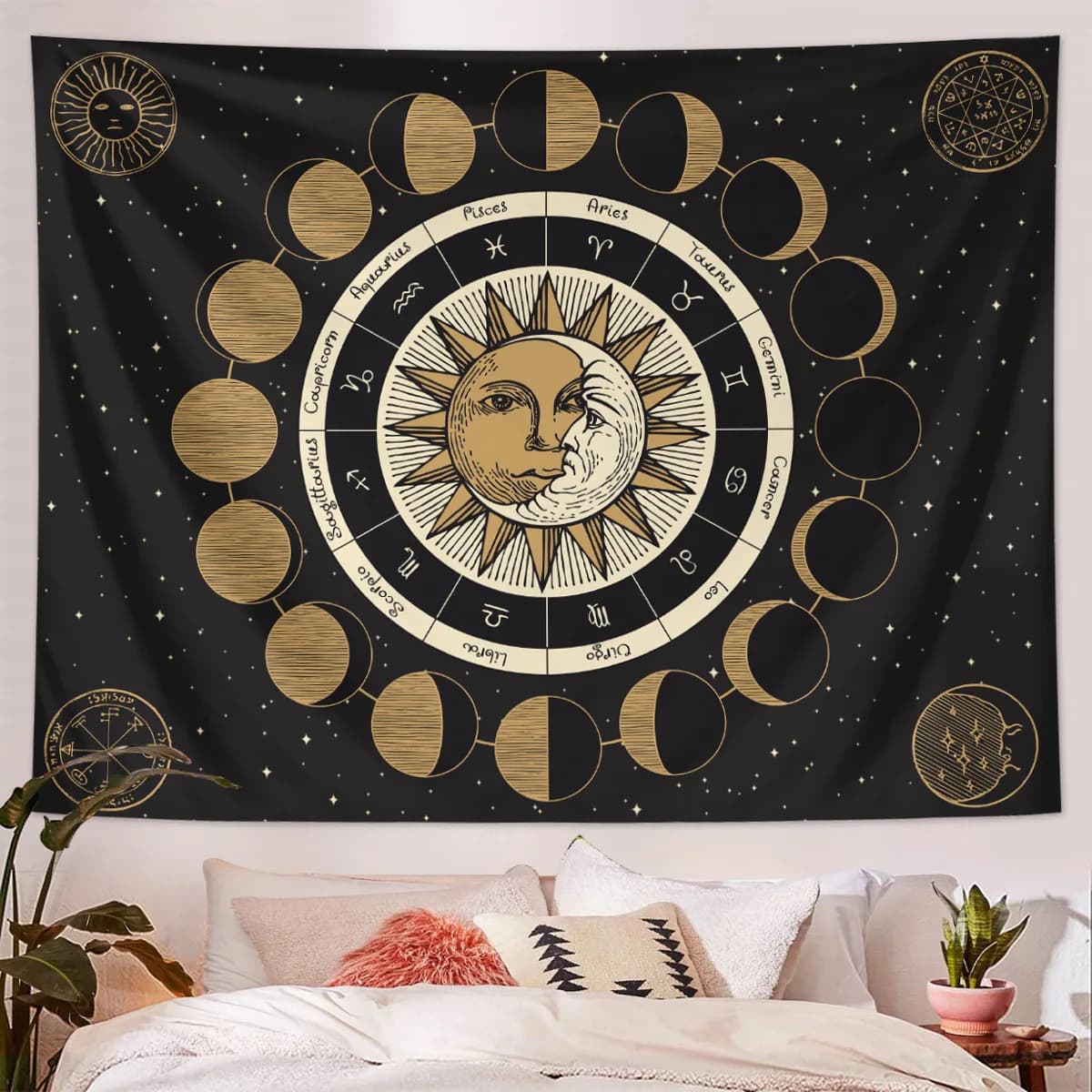 Tarocchi Array di carte Astrologia Arazzo Appeso a parete Tovaglia per divinazione Fasi lunari e sfondo misterioso Tappeto da parete in stoffa