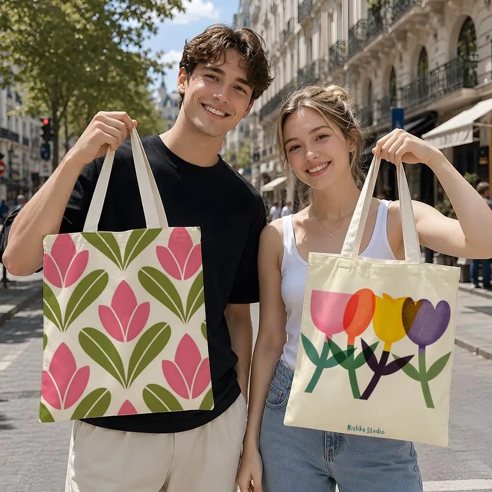 Art N-Nordic S-Style Geometric Tulip Storage Bags Reusable Canvas Tote Suitable for School Class Commuting Shopping as Gifts