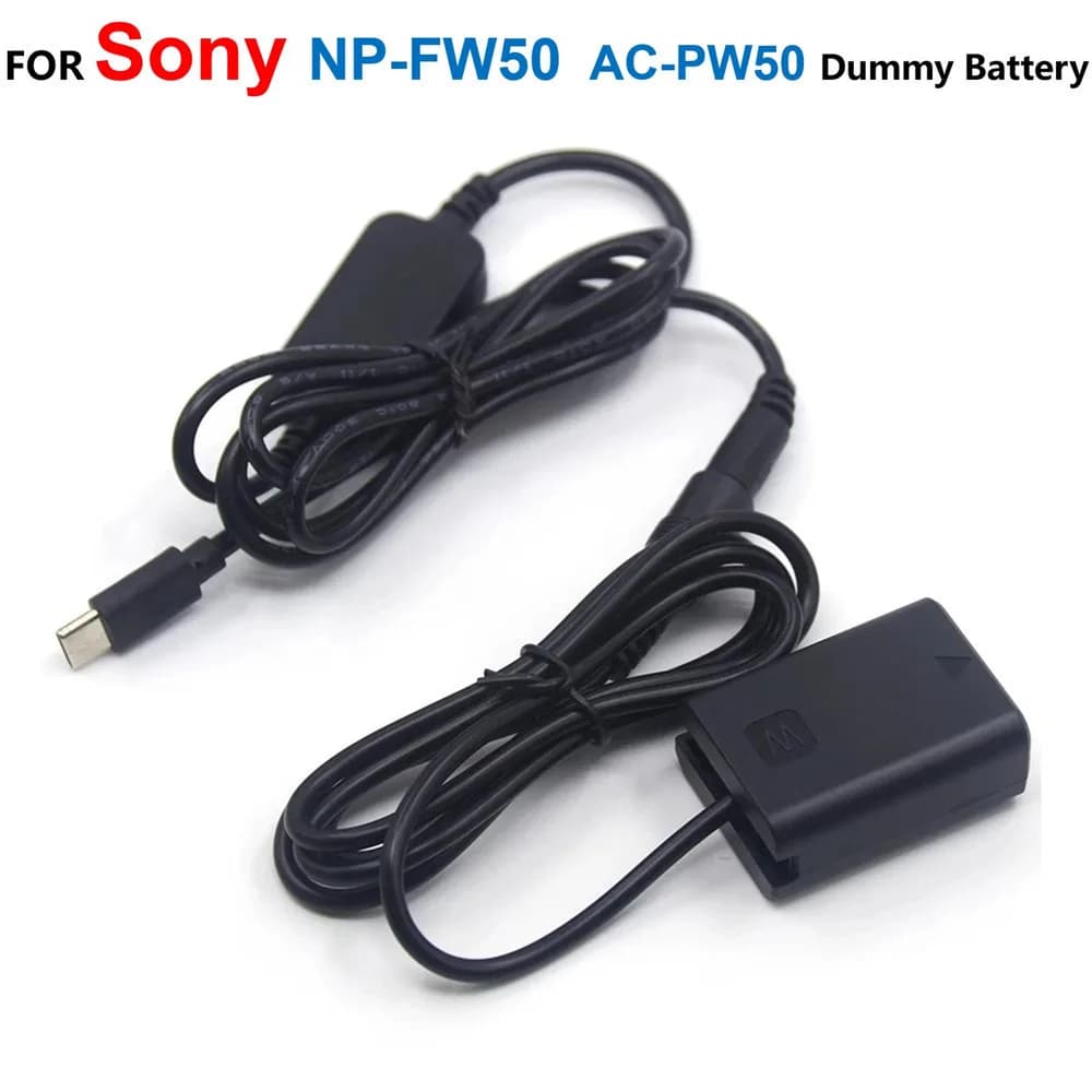 NP-FW50 AC-PW20 Batteria fittizia + Adattatore cavo USB C Power Bank per Sony ZV-E10 A7M2 A7II A7S2 A7R A7RII A6000 A6300 A6400 A6500