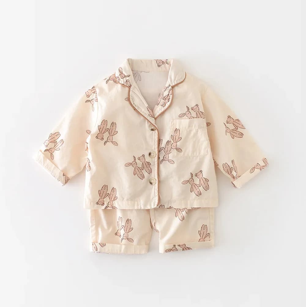 2026 Spring Children Cartoon Homewear Outfits Boy Girl Baby Print Lapel Tops + Pants Pajamas 2pcs Loose Kid Cotton Pyjamas Suit