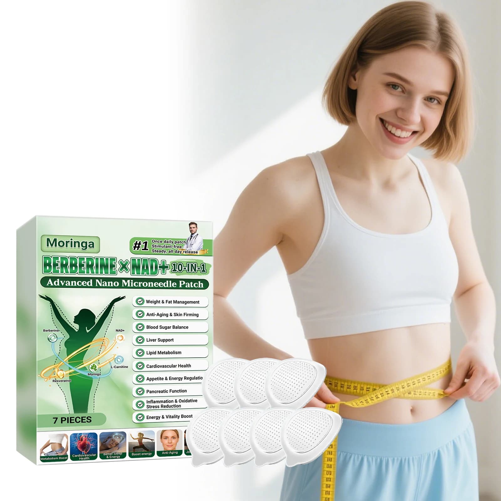 10 In 1 Overnight Microneedle Patch Natural Moringa Berberine NAD Plus Firming Skin Care Soluble Micro Darts Tightening Skincare