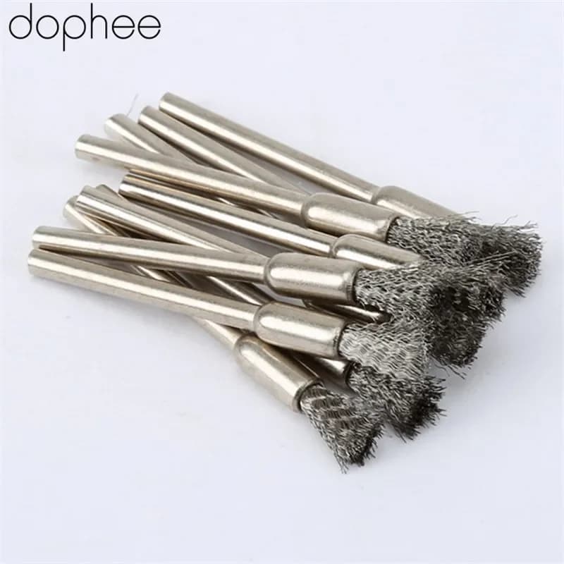 10Pcs/set Stainless Steel Wire Pencil Brushes Wheel Mandrel Set Dremel Accessory for Rotary Tools 3.17mm Craft DIY Tool dophee