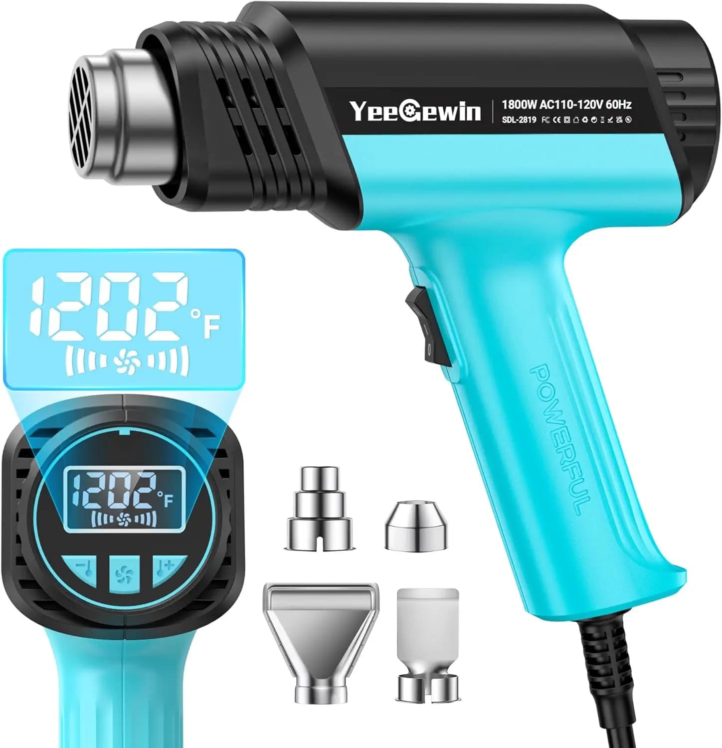 Pistola Termica 1800W con Display LCD, Temperatura Variabile 122 ℉ -1202 ℉ Funzione di memoria e 4 ugelli per lavori artigianali, riscaldamento PVC, rimozione vernice