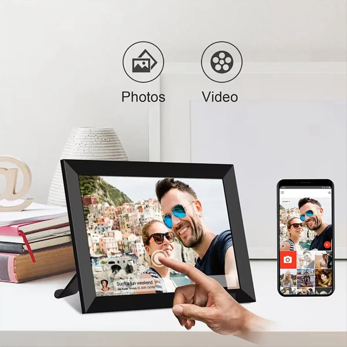 ABGZ Digital Picture Frame 10.1In 32G WiFi Photo Frame 1280x800 HD IPS Touch-Screen Auto Rotation Photo Sharing Via APP (EU)