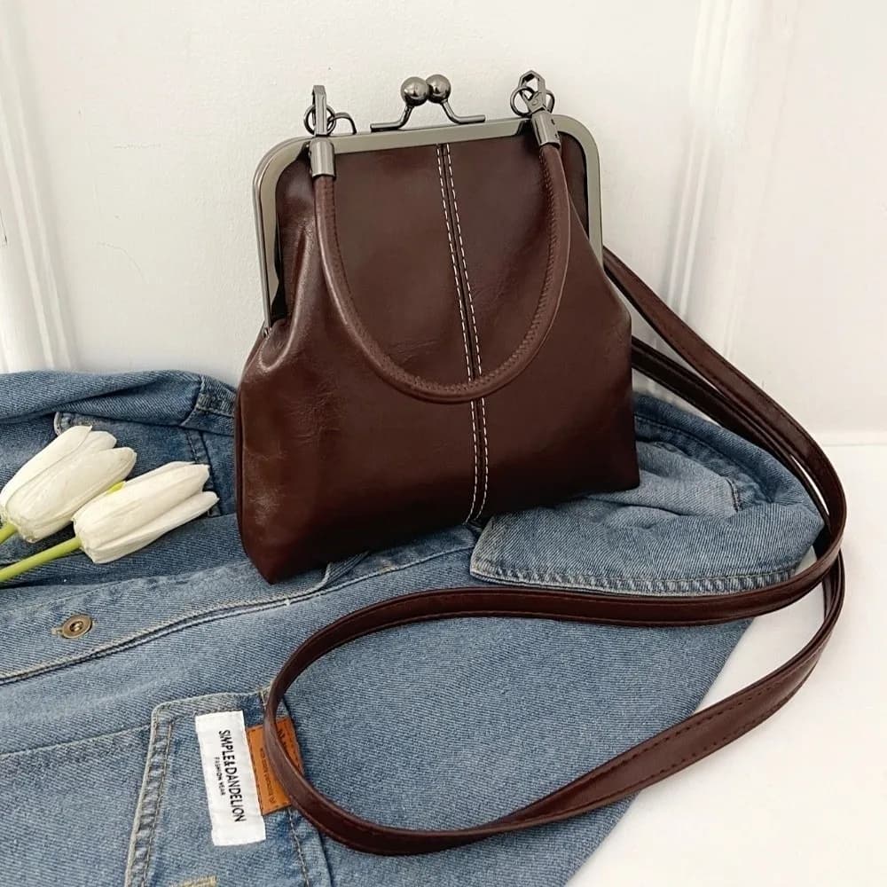 New Retro Style Women's Handbag PU Leather Elegant Shoulder Bag Waterproof Large Capacity Clip Lock Bag for Lady Girls