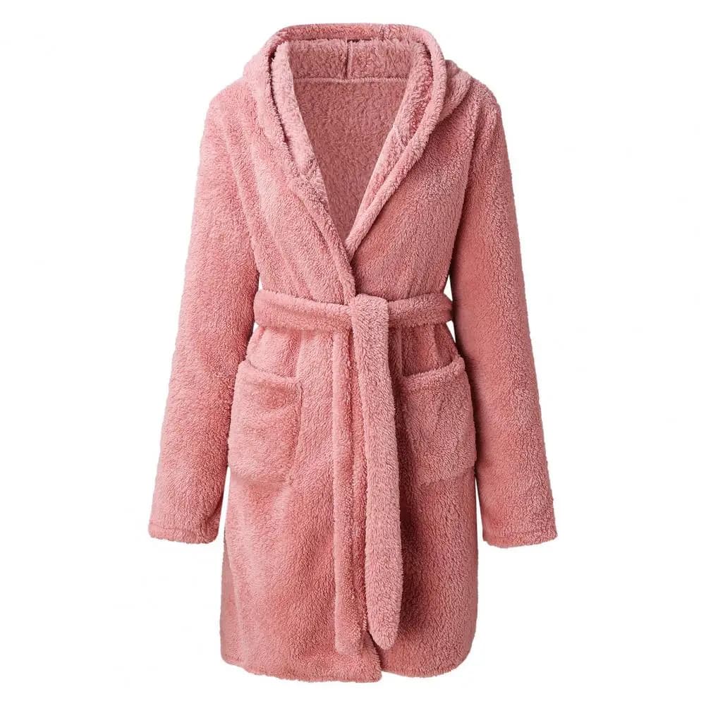 Camicia da notte con cintura in vita da donna, vestaglia invernale in peluche con cappuccio e tasche, pigiama in flanella tinta unita con cintura in vita per casa e relax