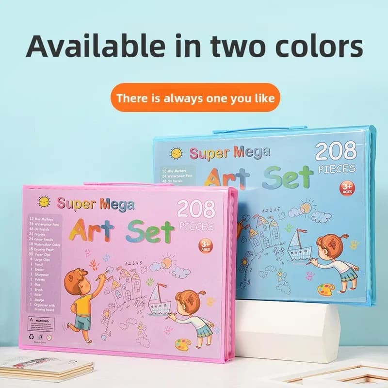 208 Pcs Kids Art Set with Crayons Watercolor Pencils Foldable Easel for Children Drawing Painting