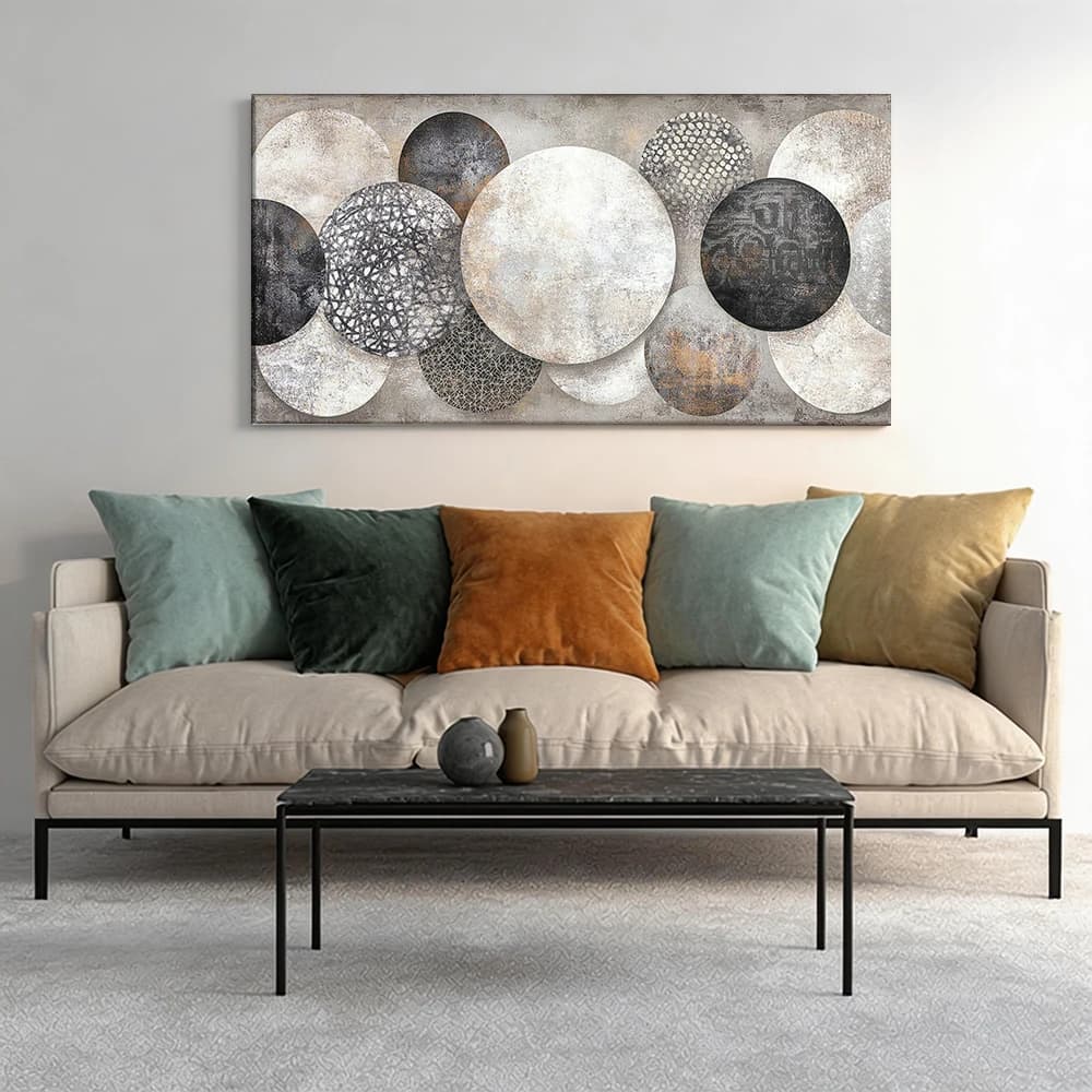 Painted on canvas with large wooden frame, 1 piece, overlapping circles, neutral tones.