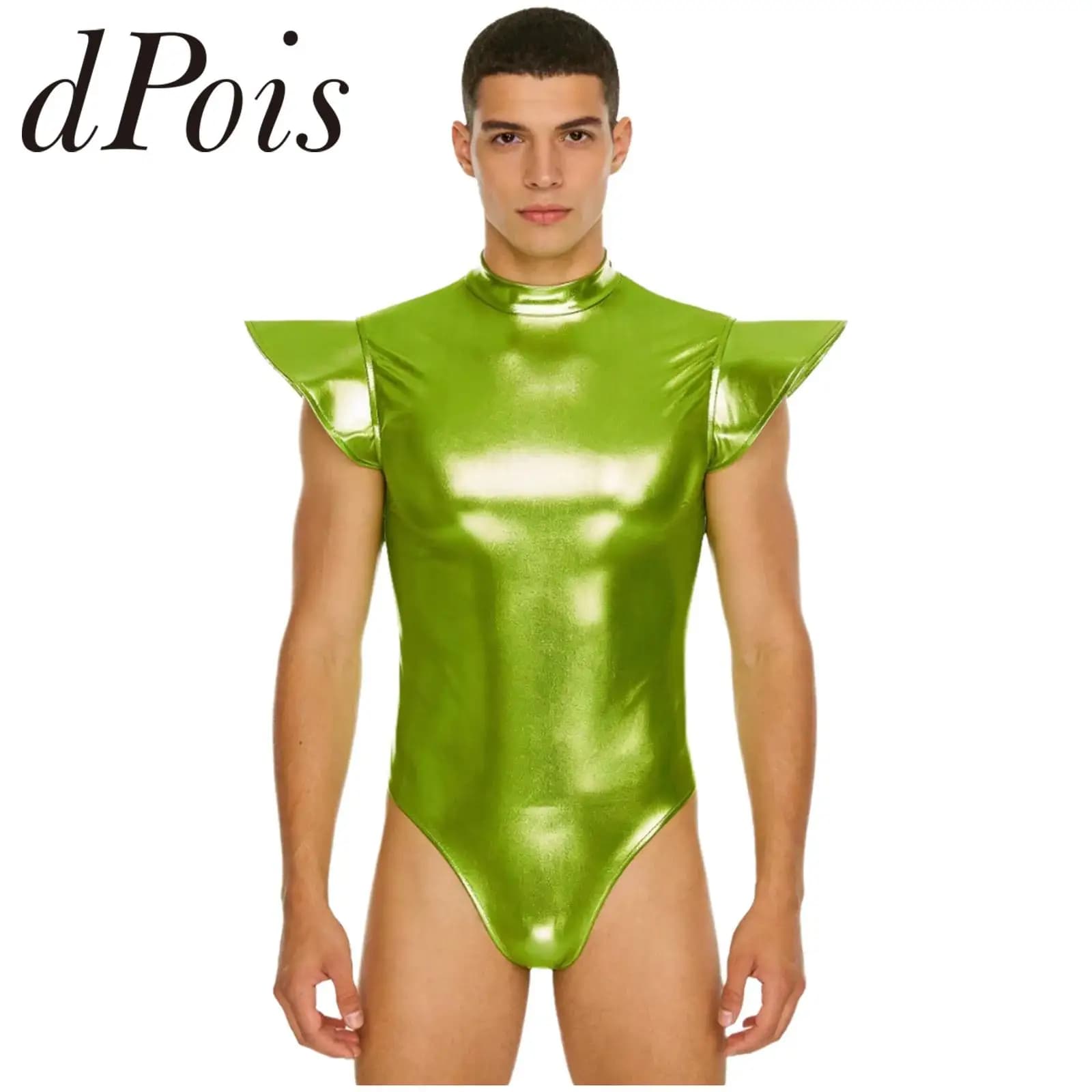 Costume da bagno intero da uomo metallizzato lucido con maniche a volant e collo alto, ideale per club, danza e costumi alieni