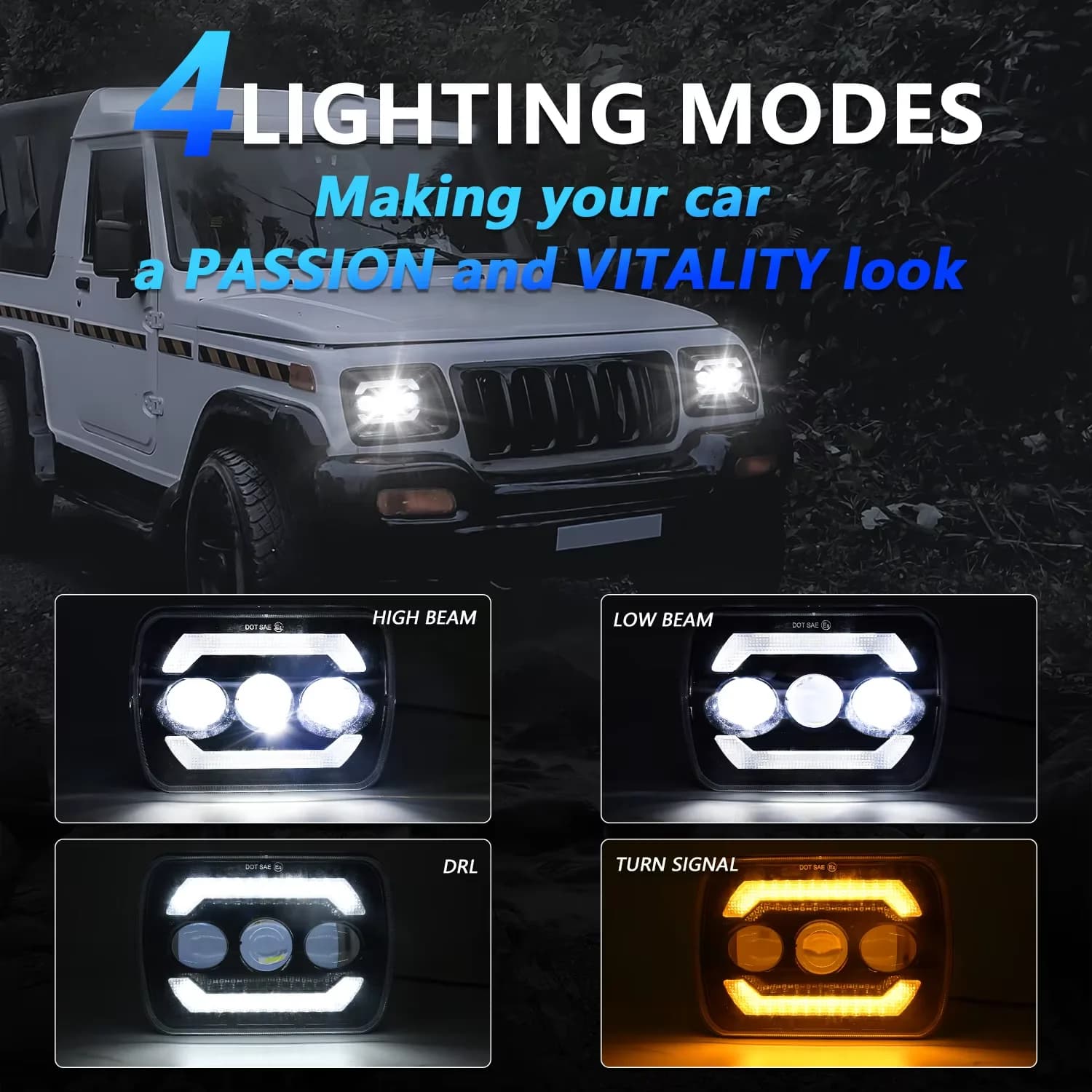 7 Inch Square LED Headlight Triple Lens White Yellow 6500K 12V Driving Lamp For Wrangler Motorcycle ATV Offroad Car Accessories