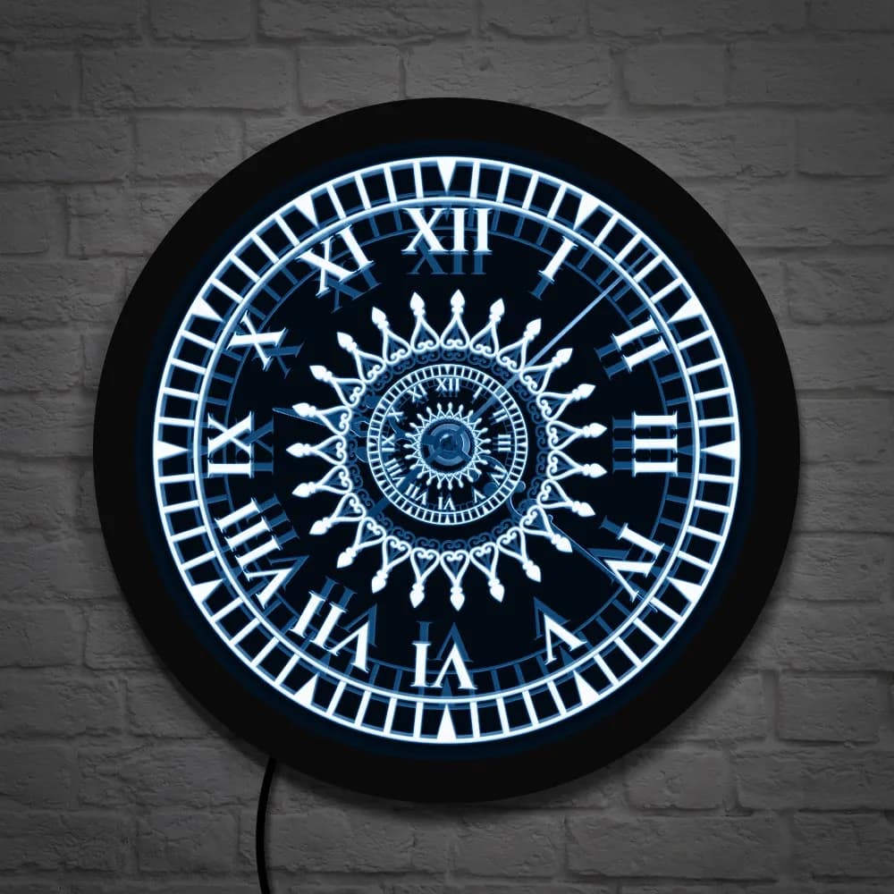Mandala Flower Design Living Room Wall Decoration LED Neon Banner 3D Wall Clock Lighted with Roman Numerals Spiritual Geometric Pattern